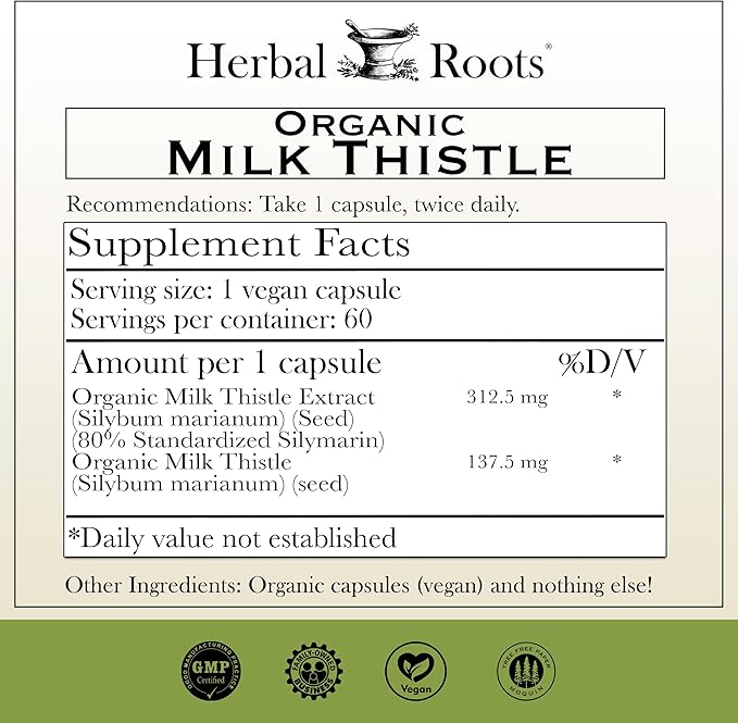 Herbal Roots Milk Thistle Capsules | Extra Strength 80% Silymarin Herbal Supplement | Made with Pure Organic Milk Thistle | Vegan and GMO Free