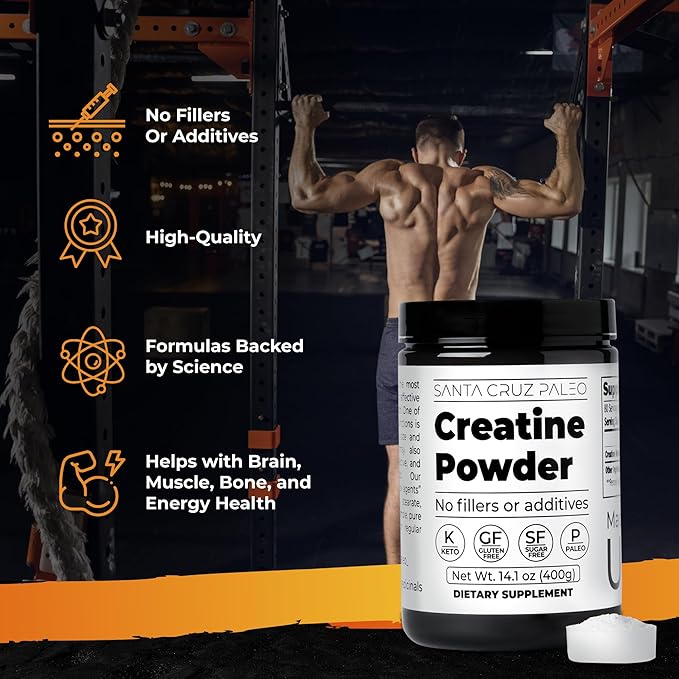 Santa Cruz Paleo Creatine Powder, Supports Muscle Growth & Energy, Gluten Free, Keto, Sugar Free, Paleo, No Fillers or Additives, Creatine Monohydrate Powder, 14.1oz, 80 Servings
