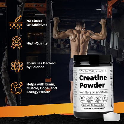 Santa Cruz Paleo Creatine Powder, Supports Muscle Growth & Energy, Gluten Free, Keto, Sugar Free, Paleo, No Fillers or Additives, Creatine Monohydrate Powder, 14.1oz, 80 Servings