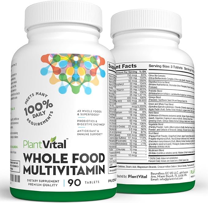 Plantvital Whole Food Multivitamin - Multivitamins with 42 Superfoods Raw Veggies and Fruits Vitamins Earth Energy Fruits and Veggies Supplement Pure Fruit and Vegetable Supplements - 90 Tablets