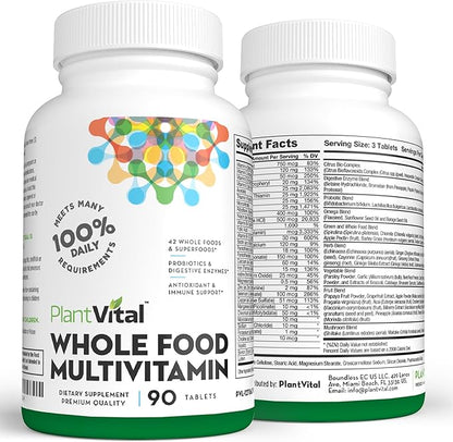 Plantvital Whole Food Multivitamin - Multivitamins with 42 Superfoods Raw Veggies and Fruits Vitamins Earth Energy Fruits and Veggies Supplement Pure Fruit and Vegetable Supplements - 90 Tablets