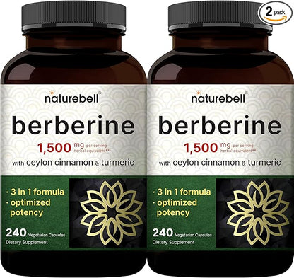 2 Pack Berberine Supplement 1500mg, 480 Veggie Capsules | Plus 1000mg True Ceylon Cinnamon & 300mg Turmeric – 97% Berberine HCL – Plant-Based, Vegan, Non-GMO