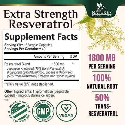 Resveratrol Supplement 1800mg - Extra Strength Antioxidants for Healthy Aging & Immune Support - Heart Health & Cellular Energy Support - Non-GMO, Bioavailable Trans-Resveratrol - 120 Vegan Capsules