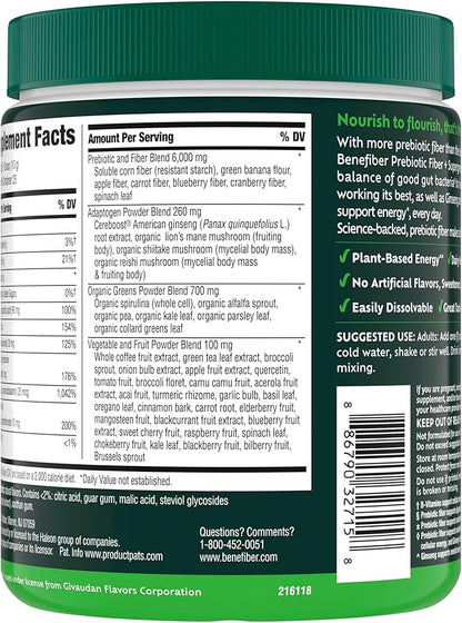 Benefiber Prebiotic Fiber + Supergreens Dietary Supplement Powder, Watermelon Lemonade Flavor, 8.8 oz (250g), 25 Day Supply