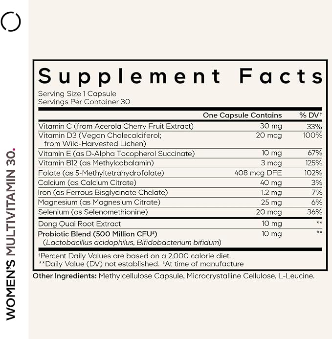 Codeage Women’s Multivitamin - Vitamins A, C, D3, E, B6, B12, Folate, Calcium, Magnesium, Iron, Dong Quai, Probiotics - 1 Capsule Per Serving - Daily Vitamin Pills for Women - Non-GMO - 30 Capsules