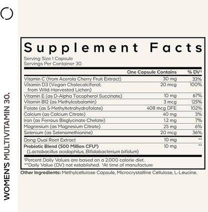 Codeage Women’s Multivitamin - Vitamins A, C, D3, E, B6, B12, Folate, Calcium, Magnesium, Iron, Dong Quai, Probiotics - 1 Capsule Per Serving - Daily Vitamin Pills for Women - Non-GMO - 30 Capsules