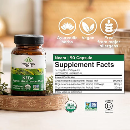 ORGANIC INDIA Neem Leaf Capsules, Herbal Supplement - Supports Skin, Immune, & Liver Health, Detox, Vegan, Gluten-Free, USDA Certified Organic - 90 Capsules (2-Pack)
