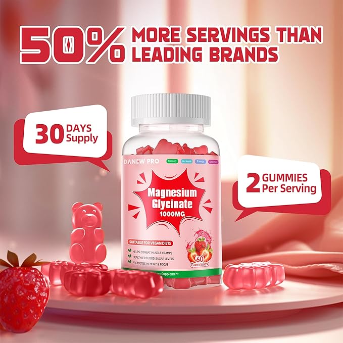 Magnesium Glycinate Gummies 1000mg - Sugar Free Magnesium Potassium Supplement with Vitamin D, B6, CoQ10 for Calm Mood & Sleep Support - 60 Strawberry Gummies