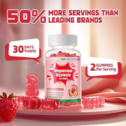 Magnesium Glycinate Gummies 1000mg - Sugar Free Magnesium Potassium Supplement with Vitamin D, B6, CoQ10 for Calm Mood & Sleep Support - 60 Strawberry Gummies