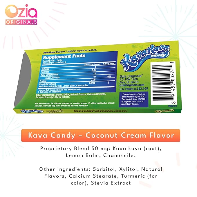 Ozia Originals Kava Kava Candy - 8 Kava Candies Per Pack, Kava Extract Stress Relief Supplement, Natural Kava Root Chill Happy Pill, Encourages Positive Mood - Coconut Cream Flavor, 4 Packs