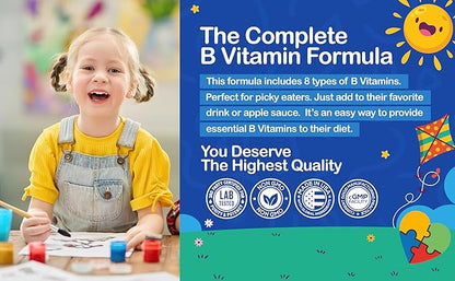Autistic UpBeat: Kid's Vitamin B Complex | Kid-Friendly Drops | Unlfavored | B1, B2, B3, B6, B7, B9 & Methyl B12 | Brain Function, Focus, Metabolism | Kids B Complex Liquid Drops Supplement