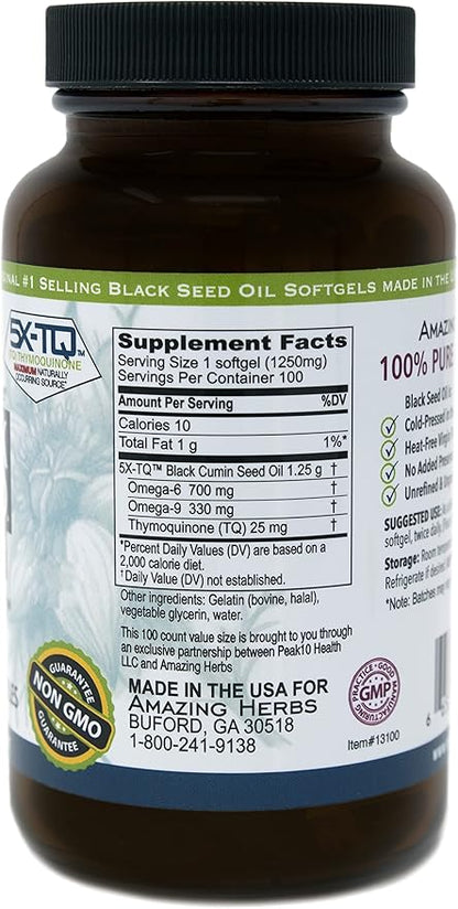 Amazing Herbs Black Seed Oil Pills 1250mg, 100 Softgel Capsules (Pack of 2)