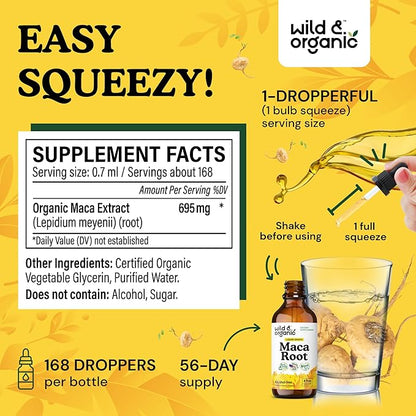 Wild & Organic Maca Root Liquid Drops for Men & Women - Peruvian Maca Tincture for Overall Support - Vegan, Sugar & Alcohol-Free Supplement - 4 fl oz