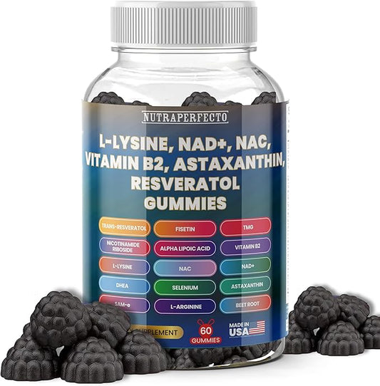 Sugar Free Gummies with Trans-Resveratrol, L-Lysine, L-Arginine, Fisetin, NR, NAD+, ALA, TMG, Beet Root, Astaxanthin, SAM-e, DHEA, Vitamin B2 For Men, Women, Detox, Energy, Metabolism, Aging, Joints