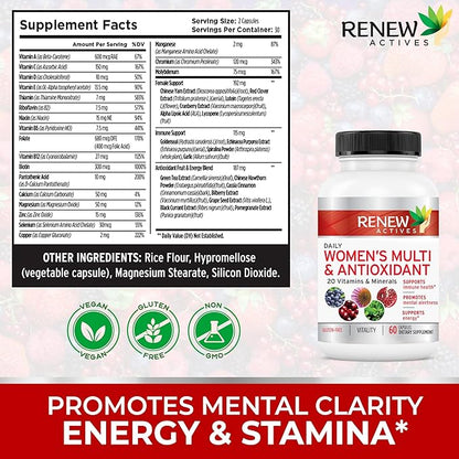 Renew Actives Women's Multi-Vitamin & Antioxidant: Daily Health Supplement - 22 Vitamins & Minerals for Energy & Mental Alertness, 2 Capsules per Serving - 60 Capsules