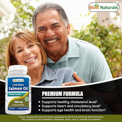 Best Naturals Salmon Oil 1000 mg 250 Softgels Manufactured in a USA Based GMP Certified and FDA Inspected Facility and Third Party Tested for Purity. Guaranteed!!
