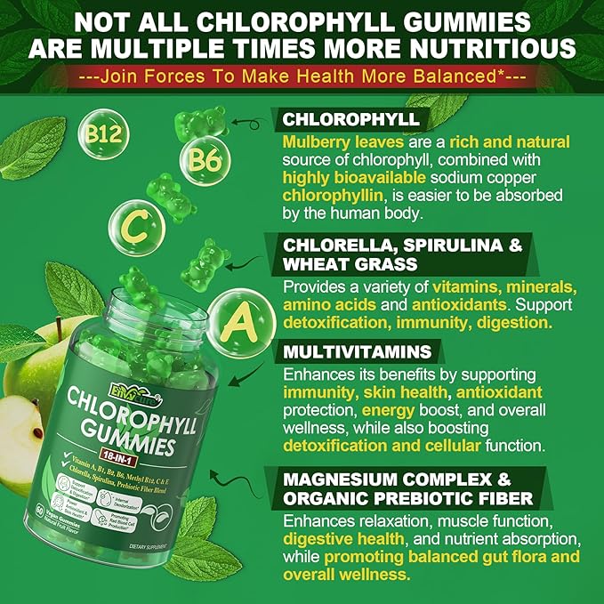 Chlorophyll Gummies, Super Green 18-IN-1 with Organic Chlorella Spirulina, Wheat Grass, Magnesium, Prebiotic Fiber for Internal Deodorant*,Comfort Digestion, Metabolism,Immune, Fresh Body Odor, 2Packs