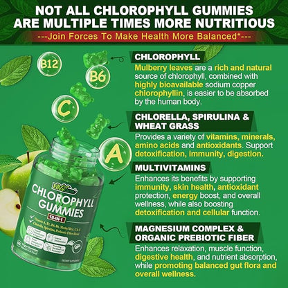 Chlorophyll Gummies, Super Green 18-IN-1 with Organic Chlorella Spirulina, Wheat Grass, Magnesium, Prebiotic Fiber for Internal Deodorant*,Comfort Digestion, Metabolism,Immune, Fresh Body Odor, 2Packs