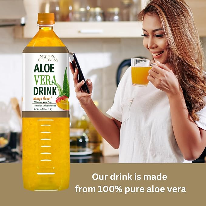 Nature's Goodness Aloe Vera Drink with Pulp Mango Flavor -12 Pack Case - 50.7 Fl Oz (1.5 L) Each - Total 18 Liters - Refreshing Beverage with Real Aloe Vera Juice