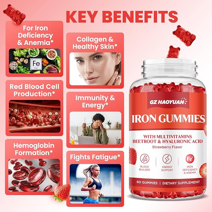 Iron Gummies for Women & Kids - Iron Supplement Gummies with Multivitamin for Blood Builder, Energy, Iron Deficiency & Anemia - Sugar Free Vegan Iron Gummies Strawberry 60 ct