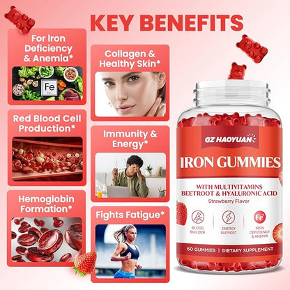 Iron Gummies for Women & Kids - Iron Supplement Gummies with Multivitamin for Blood Builder, Energy, Iron Deficiency & Anemia - Sugar Free Vegan Iron Gummies Strawberry 60 ct