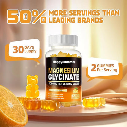 Magnesium Glycinate Gummies 1000mg - Sugar Free Magnesium Potassium Supplement with Vitamin D, B6, CoQ10 for Calm Mood & Sleep Support - 120 Orange Gummies.