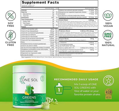 One Sol Greens, Super Greens Powder to Reduce Bloating & Improve Gut Health, Superfood Fresh Bloom Organic Greens Blend Juice & Smoothie Mix, Pre & Probiotic with Digestive Enzymes, Vegan & Soy Free