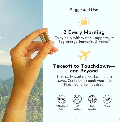 Travel Vitamin Supplement for Flight and Daily, Jet Lag, Energy, Immune, Digestion Support, Promote Calmness with Ashwagandha, Rhodiola, Chia & D3 for Better Sleep & Mood | Vegan, 60 Count