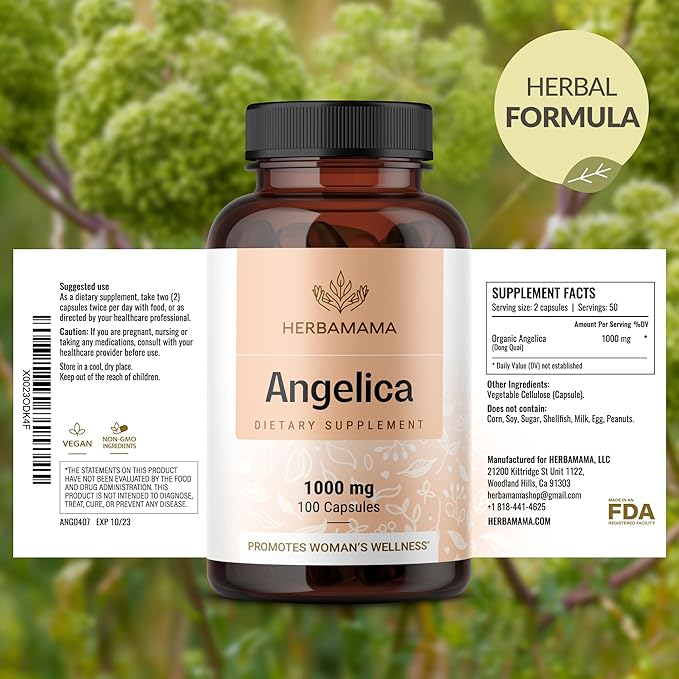HERBAMAMA Dong Quai Supplement - 1000mg Angelica Root for Women's Support - Dong Quai Powder Capsules - Vegan, Non-GMO Angelica Herb Antioxidant Supplement for Women, 100 Caps