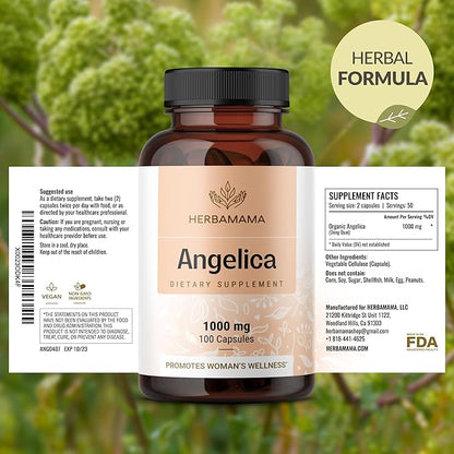 HERBAMAMA Dong Quai Supplement - 1000mg Angelica Root for Women's Support - Dong Quai Powder Capsules - Vegan, Non-GMO Angelica Herb Antioxidant Supplement for Women, 100 Caps
