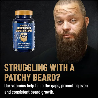 Derm Dude Power Beard Growth Vitamins for Men | With Biotin 10K MCG, Zinc B12 Saw Palmetto & Keratin for Healthier Thicker Fuller & Stronger Facial Hair | Restore Hair Breakage & Thinning, 60 Capsules