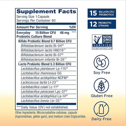 Renew Life Everyday Go-Pack Probiotic Capsules, Daily Supplement Supports Urinary, Digestive and Immune Health, L. Rhamnosus GG, Dairy, Soy and gluten-free, 15 Billion CFU, 60 Count