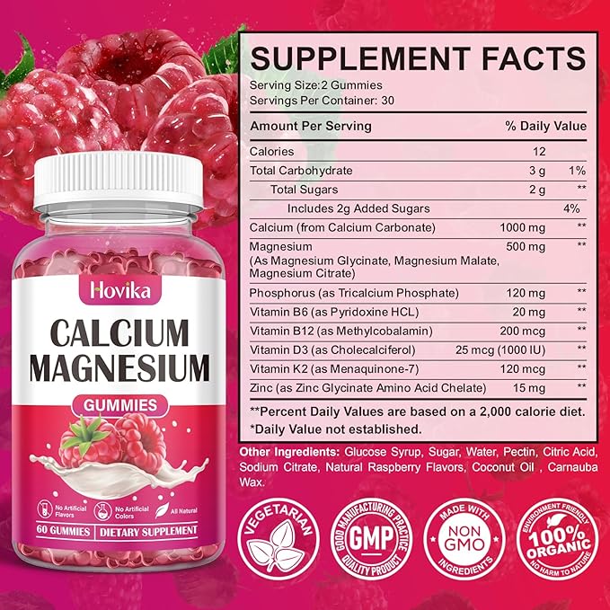 Calcium Magnesium Zinc Gummies, Calcium Magnesium 2:1 Ratio with Vitamin D3, K2, B6, B12 for Bone Strength, Muscle Function & Nerve Health, Extra Absorption Formula, Vegan, Raspberry Flavor 60 Gummies