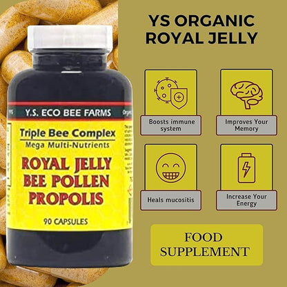 YS Organics Triple Bee Complex, Royal Jelly, Bee Pollen, Propolis - The Power of Nature Packed in 90 Capsules with Bonus worldwidenutrition Multi Purpose Key Chain