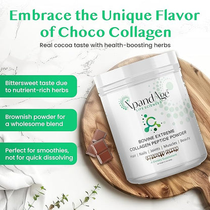 Bovine Extreme Collagen Peptide Powder with biotin,Pea,Guarana,safed musli and Others for Hair, Nails,Energy, Lean Muscle and Joint Health.Flavor Bitter Chocolate