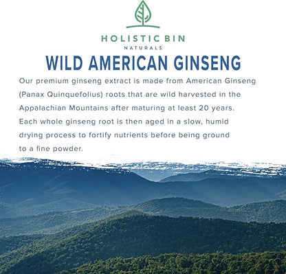 Holistic Bin Wild American Ginseng Powder Pure Organic Ginseng Supplement Made with Wild Harvested 20+ Year Old Roots from Appalachia (Panax Quinquefolius) | No Fillers or Additives (25 Grams)
