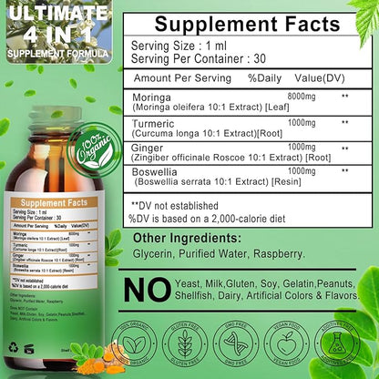 Moringa Drops - Organic Moringa Leaf Extract Liquid with Turmeric Ginger Boswellia for Energy, Skin Health, Gut Health - High Absorption Green Superfood w/Essential Vitamins & Amino Acids