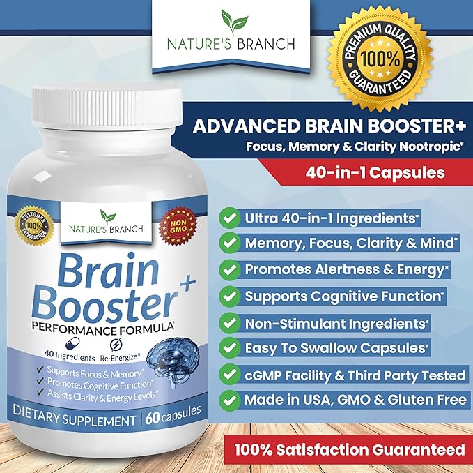 40-in-1 Brain Booster Supplement for Focus, Memory, Clarity, Energy | Advanced Vitamins Plus eBook | for Men & Women, Cognitive Function Nootropic Support with DMAE, Mind Health Formula | 60 Capsules