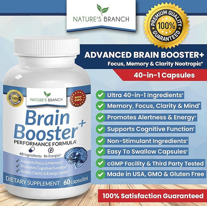 40-in-1 Brain Booster Supplement for Focus, Memory, Clarity, Energy | Advanced Vitamins Plus eBook | for Men & Women, Cognitive Function Nootropic Support with DMAE, Mind Health Formula | 60 Capsules