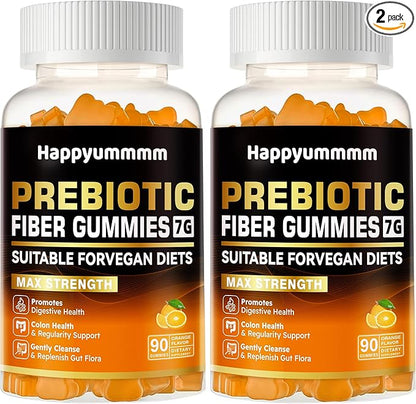 Prebiotic Fiber Gummies for Adults, 7G Extra Strength, Zero Sugar Added, 90 Pectin Based Gummies, Digestive Health -Orange-2pack