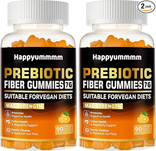 Prebiotic Fiber Gummies for Adults, 7G Extra Strength, Zero Sugar Added, 90 Pectin Based Gummies, Digestive Health -Orange-2pack