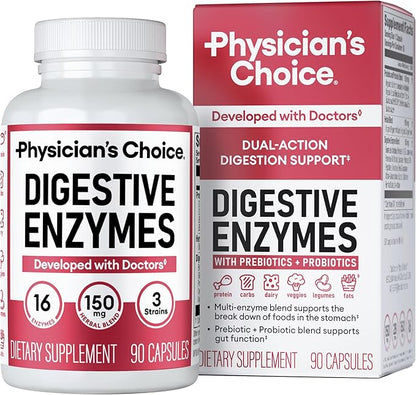 Physician's CHOICE Digestive Enzymes - Multi Enzymes, Organic Prebiotics & Probiotics for Digestive Health & Gut Health - Meal Time Discomfort Relief & Bloating - Dual Action Approach - 90 CT