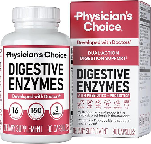 Physician's CHOICE Digestive Enzymes - Multi Enzymes, Organic Prebiotics & Probiotics for Digestive Health & Gut Health - Meal Time Discomfort Relief & Bloating - Dual Action Approach - 90 CT