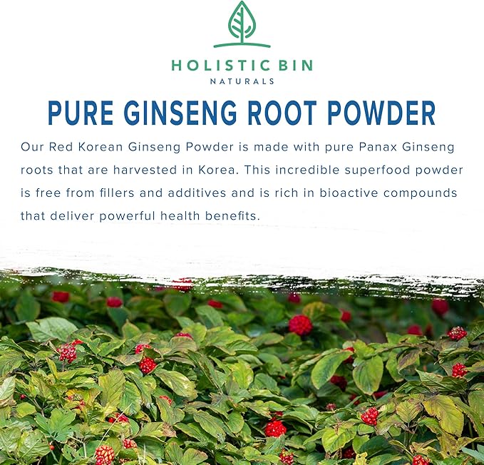 Holistic Bin Korean Red Ginseng Powder Pure Panax Ginseng Supplement | Vegan, Gluten Free, Non GMO, No Fillers | Rich in Ginsenosides (50g)