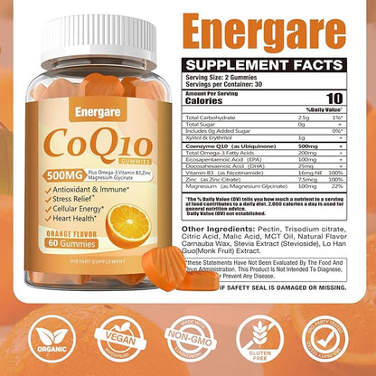 2 Pack CoQ10 500MG Gummies - 3X Better Absorption Coenzyme Q10 Supplements - Plus Omega-3, Magnesium, Vitamin B3 & Zinc for Heart Health, Cellular Energy & Antioxidant, Vegan, Non-GMO 120 Ct