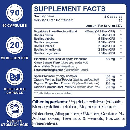 Spore Probiotic, 100% Spore Based Probiotics for Digestive Health, Gut, Immune - 20 Billion CFU All-Spore Probiotics for Women & Men, Acid-Resistant & No Refrigeration, Vegan, 90 Probiotic Capsules