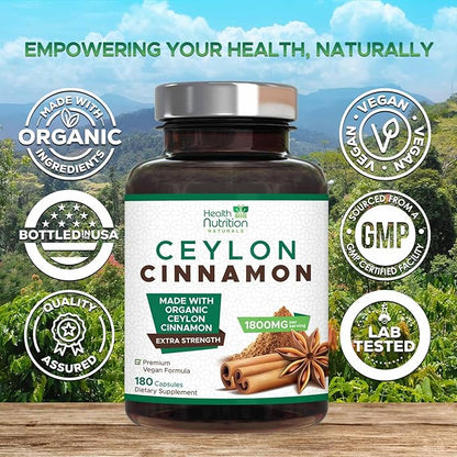 Organic Ceylon Cinnamon Capsules 1800 mg - Pure True Ceylon Cinnamon Powder Supplements, Certified Organic Herbal Supplement, Non-GMO, Gluten Free, Vegan, Antioxidant Pills Supplement - 180 Capsules