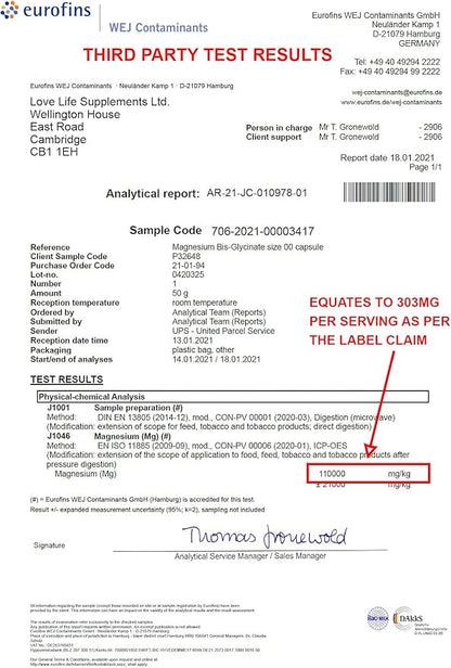 Magnesium Glycinate (Bisglycinate) | Chelated Magnesium Supplements | 2750mg (303mg Magnesium) | 240 Capsules / 60 Servings | Highly Bioavailable | Made in UK - GMP Certified | Love Life Supplements