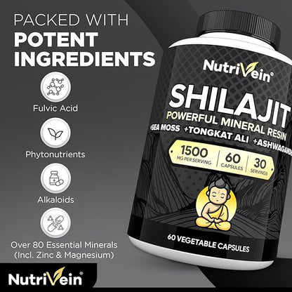 Nutrivein Premium Pure Himalayan Shilajit for Men and Women - 1500 mg - 60 Capsules- Powerful Resin Extract Blended with Irish Sea Moss, Tongkat Ali, & Ashwagandha - Vitality, Clarity, & Performance