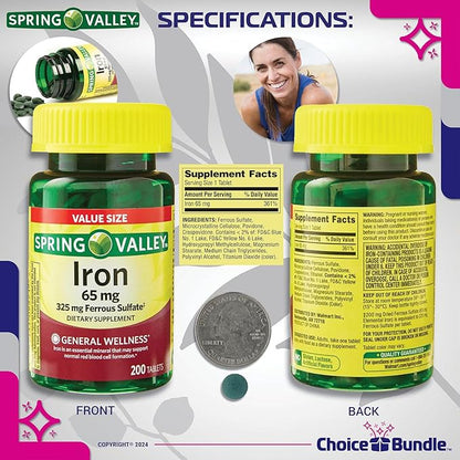 Spring Valley Iron Tablets Dietary Supplement Value Size 65 mg 200 CT 4 Pk Choice Bundle (800 Total) + Vitamin Vitality Guide & Pill Container (6 Items)!
